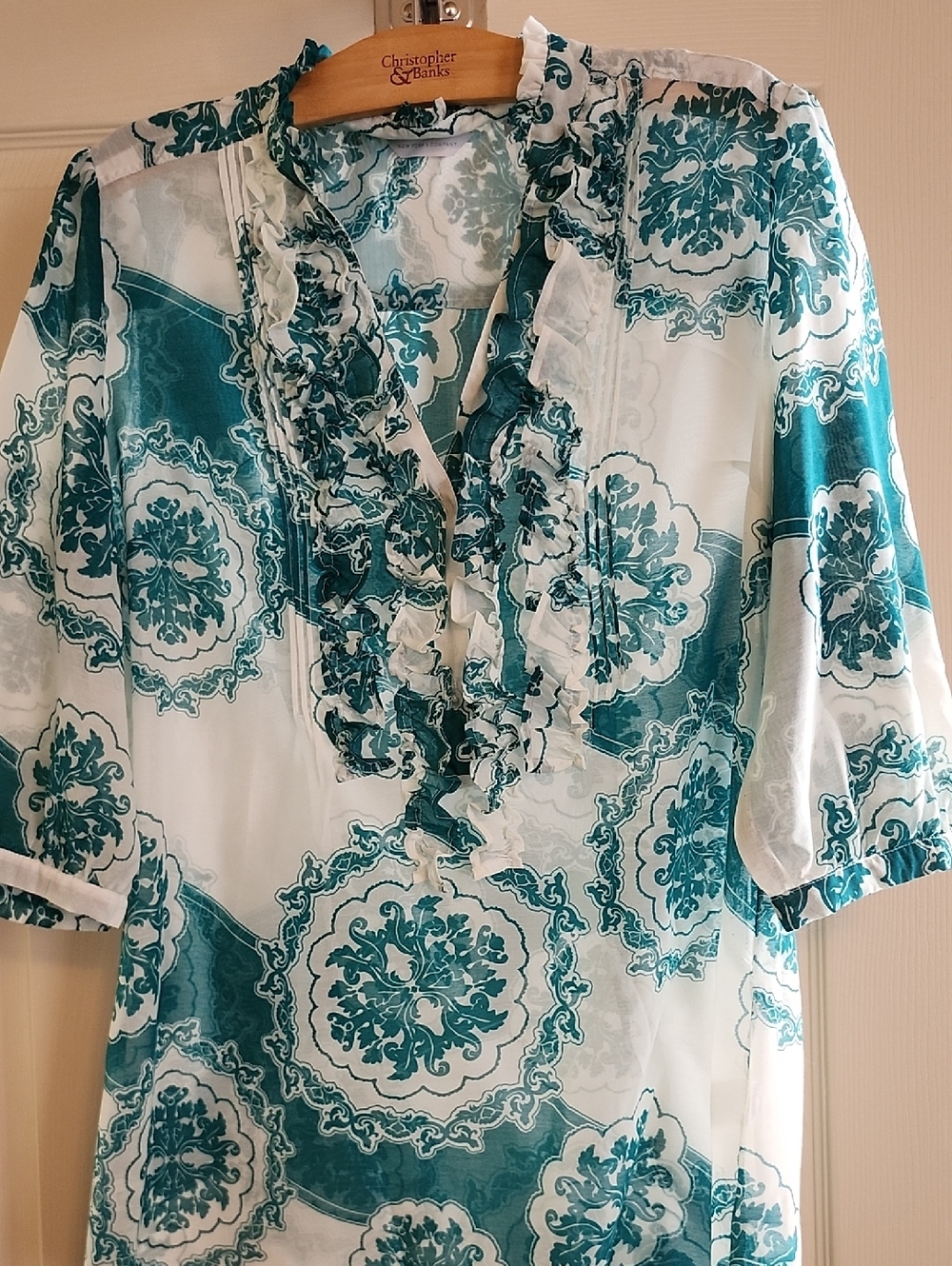 Christopher & Banks Teal and White Ruffle V-Neck Blouse